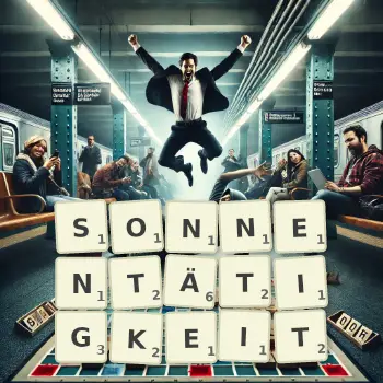 Kreative Illustration für ein Scrabble-Spiel, bei dem das Wort SONNENTÄTIGKEIT mit Steinen auf dem Brett gelegt wurde.