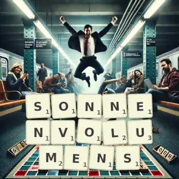 Kreative Illustration für ein Scrabble-Spiel, bei dem das Wort SONNENVOLUMENS mit Steinen auf dem Brett gelegt wurde.