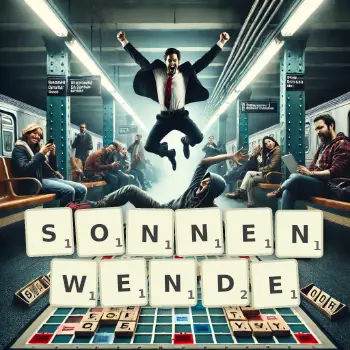 Kreative Illustration für ein Scrabble-Spiel, bei dem das Wort SONNENWENDE mit Steinen auf dem Brett gelegt wurde.