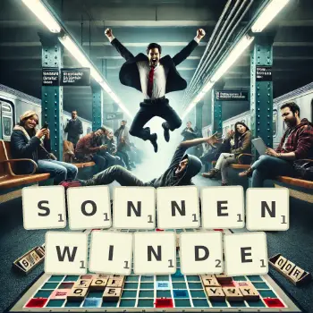 Kreative Illustration für ein Scrabble-Spiel, bei dem das Wort SONNENWINDE mit Steinen auf dem Brett gelegt wurde.