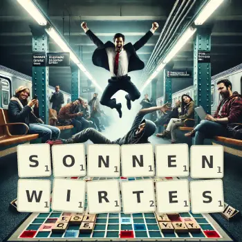 Kreative Illustration für ein Scrabble-Spiel, bei dem das Wort SONNENWIRTES mit Steinen auf dem Brett gelegt wurde.