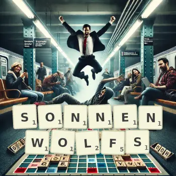 Kreative Illustration für ein Scrabble-Spiel, bei dem das Wort SONNENWOLFS mit Steinen auf dem Brett gelegt wurde.