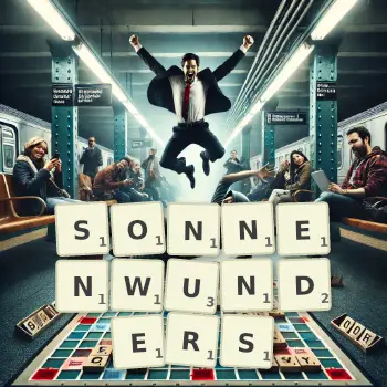 Kreative Illustration für ein Scrabble-Spiel, bei dem das Wort SONNENWUNDERS mit Steinen auf dem Brett gelegt wurde.
