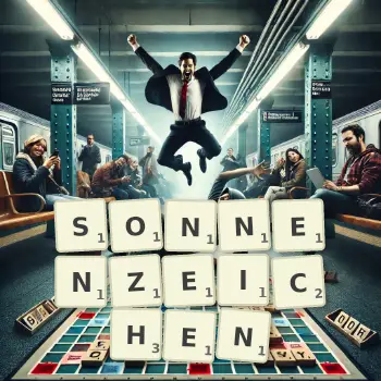 Kreative Illustration für ein Scrabble-Spiel, bei dem das Wort SONNENZEICHEN mit Steinen auf dem Brett gelegt wurde.