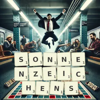 Kreative Illustration für ein Scrabble-Spiel, bei dem das Wort SONNENZEICHENS mit Steinen auf dem Brett gelegt wurde.