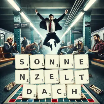 Kreative Illustration für ein Scrabble-Spiel, bei dem das Wort SONNENZELTDACH mit Steinen auf dem Brett gelegt wurde.