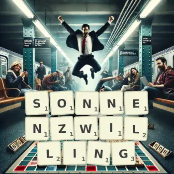 Kreative Illustration für ein Scrabble-Spiel, bei dem das Wort SONNENZWILLING mit Steinen auf dem Brett gelegt wurde.