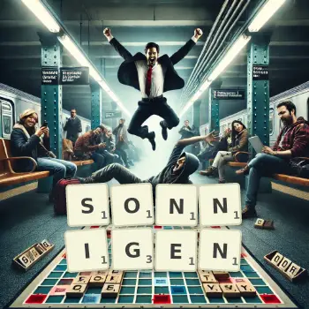 Kreative Illustration für ein Scrabble-Spiel, bei dem das Wort SONNIGEN mit Steinen auf dem Brett gelegt wurde.