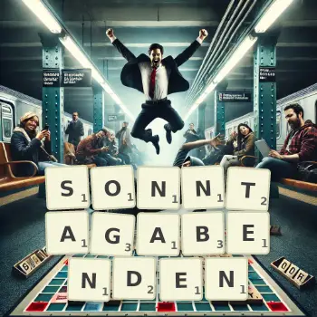 Kreative Illustration für ein Scrabble-Spiel, bei dem das Wort SONNTAGABENDEN mit Steinen auf dem Brett gelegt wurde.