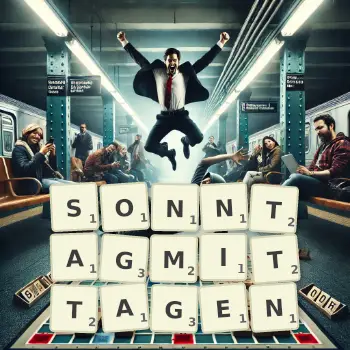 Kreative Illustration für ein Scrabble-Spiel, bei dem das Wort SONNTAGMITTAGEN mit Steinen auf dem Brett gelegt wurde.