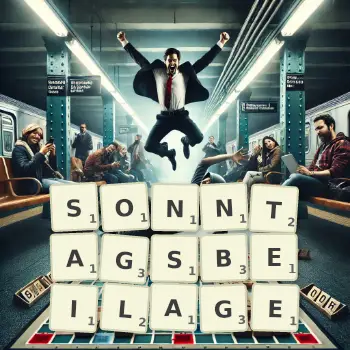 Kreative Illustration für ein Scrabble-Spiel, bei dem das Wort SONNTAGSBEILAGE mit Steinen auf dem Brett gelegt wurde.