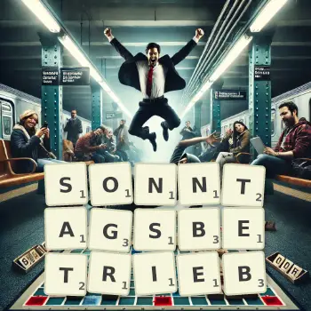 Kreative Illustration für ein Scrabble-Spiel, bei dem das Wort SONNTAGSBETRIEB mit Steinen auf dem Brett gelegt wurde.