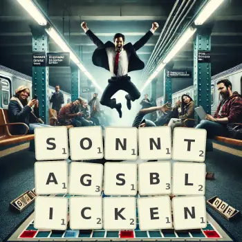 Kreative Illustration für ein Scrabble-Spiel, bei dem das Wort SONNTAGSBLICKEN mit Steinen auf dem Brett gelegt wurde.