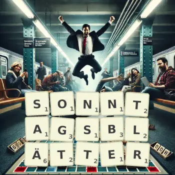 Kreative Illustration für ein Scrabble-Spiel, bei dem das Wort SONNTAGSBLÄTTER mit Steinen auf dem Brett gelegt wurde.