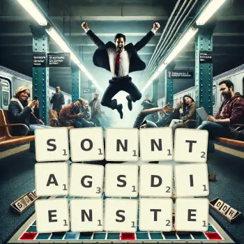 Kreative Illustration für ein Scrabble-Spiel, bei dem das Wort SONNTAGSDIENSTE mit Steinen auf dem Brett gelegt wurde.