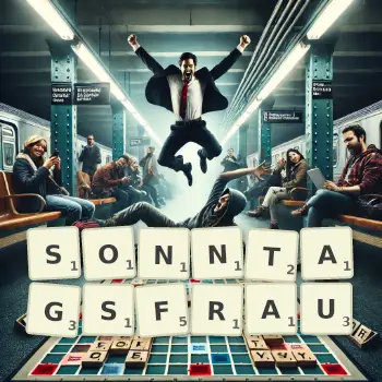 Kreative Illustration für ein Scrabble-Spiel, bei dem das Wort SONNTAGSFRAU mit Steinen auf dem Brett gelegt wurde.