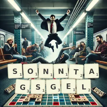 Kreative Illustration für ein Scrabble-Spiel, bei dem das Wort SONNTAGSGEL mit Steinen auf dem Brett gelegt wurde.