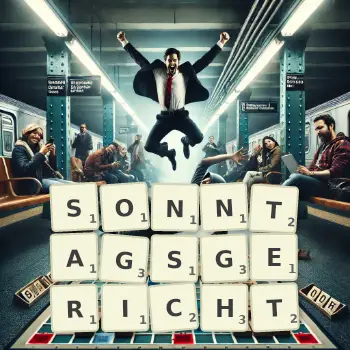 Kreative Illustration für ein Scrabble-Spiel, bei dem das Wort SONNTAGSGERICHT mit Steinen auf dem Brett gelegt wurde.