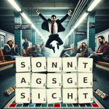 Kreative Illustration für ein Scrabble-Spiel, bei dem das Wort SONNTAGSGESICHT mit Steinen auf dem Brett gelegt wurde.
