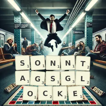 Kreative Illustration für ein Scrabble-Spiel, bei dem das Wort SONNTAGSGLOCKE mit Steinen auf dem Brett gelegt wurde.