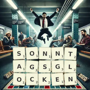 Kreative Illustration für ein Scrabble-Spiel, bei dem das Wort SONNTAGSGLOCKEN mit Steinen auf dem Brett gelegt wurde.