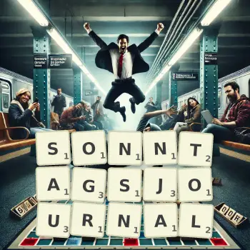 Kreative Illustration für ein Scrabble-Spiel, bei dem das Wort SONNTAGSJOURNAL mit Steinen auf dem Brett gelegt wurde.