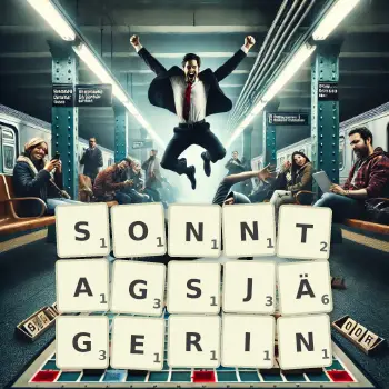Kreative Illustration für ein Scrabble-Spiel, bei dem das Wort SONNTAGSJÄGERIN mit Steinen auf dem Brett gelegt wurde.