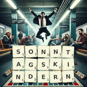 Kreative Illustration für ein Scrabble-Spiel, bei dem das Wort SONNTAGSKINDERN mit Steinen auf dem Brett gelegt wurde.