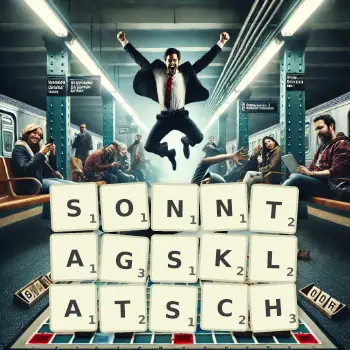 Kreative Illustration für ein Scrabble-Spiel, bei dem das Wort SONNTAGSKLATSCH mit Steinen auf dem Brett gelegt wurde.