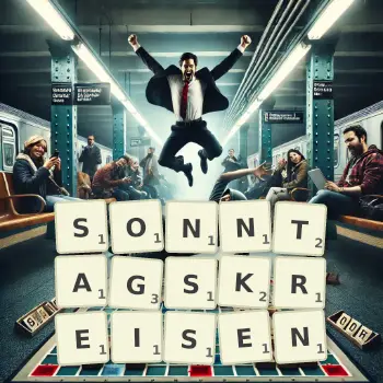 Kreative Illustration für ein Scrabble-Spiel, bei dem das Wort SONNTAGSKREISEN mit Steinen auf dem Brett gelegt wurde.