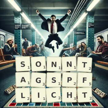 Kreative Illustration für ein Scrabble-Spiel, bei dem das Wort SONNTAGSPFLICHT mit Steinen auf dem Brett gelegt wurde.