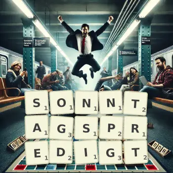 Kreative Illustration für ein Scrabble-Spiel, bei dem das Wort SONNTAGSPREDIGT mit Steinen auf dem Brett gelegt wurde.