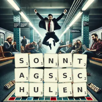 Kreative Illustration für ein Scrabble-Spiel, bei dem das Wort SONNTAGSSCHULEN mit Steinen auf dem Brett gelegt wurde.