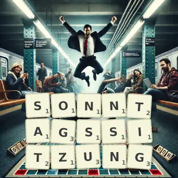Kreative Illustration für ein Scrabble-Spiel, bei dem das Wort SONNTAGSSITZUNG mit Steinen auf dem Brett gelegt wurde.