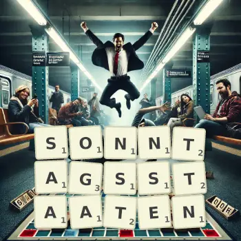 Kreative Illustration für ein Scrabble-Spiel, bei dem das Wort SONNTAGSSTAATEN mit Steinen auf dem Brett gelegt wurde.