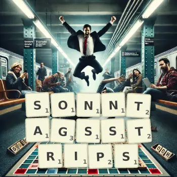 Kreative Illustration für ein Scrabble-Spiel, bei dem das Wort SONNTAGSSTRIPS mit Steinen auf dem Brett gelegt wurde.