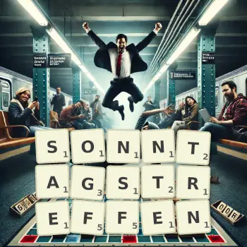 Kreative Illustration für ein Scrabble-Spiel, bei dem das Wort SONNTAGSTREFFEN mit Steinen auf dem Brett gelegt wurde.