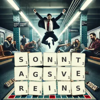 Kreative Illustration für ein Scrabble-Spiel, bei dem das Wort SONNTAGSVEREINS mit Steinen auf dem Brett gelegt wurde.