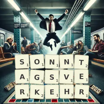 Kreative Illustration für ein Scrabble-Spiel, bei dem das Wort SONNTAGSVERKEHR mit Steinen auf dem Brett gelegt wurde.