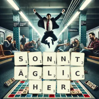 Kreative Illustration für ein Scrabble-Spiel, bei dem das Wort SONNTÄGLICHER mit Steinen auf dem Brett gelegt wurde.