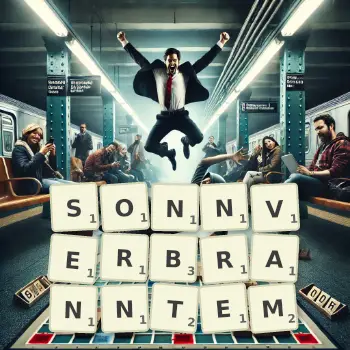 Kreative Illustration für ein Scrabble-Spiel, bei dem das Wort SONNVERBRANNTEM mit Steinen auf dem Brett gelegt wurde.