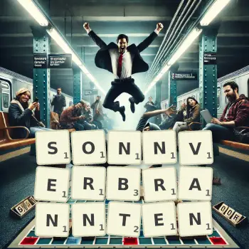 Kreative Illustration für ein Scrabble-Spiel, bei dem das Wort SONNVERBRANNTEN mit Steinen auf dem Brett gelegt wurde.