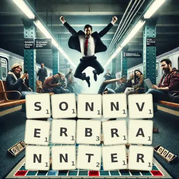 Kreative Illustration für ein Scrabble-Spiel, bei dem das Wort SONNVERBRANNTER mit Steinen auf dem Brett gelegt wurde.