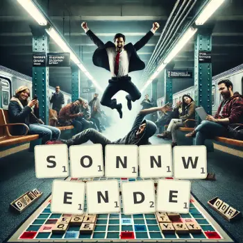 Kreative Illustration für ein Scrabble-Spiel, bei dem das Wort SONNWENDE mit Steinen auf dem Brett gelegt wurde.