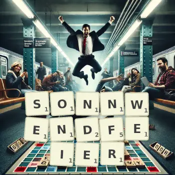 Kreative Illustration für ein Scrabble-Spiel, bei dem das Wort SONNWENDFEIER mit Steinen auf dem Brett gelegt wurde.