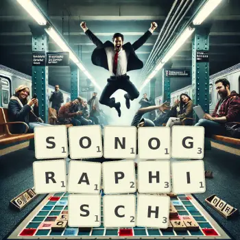 Kreative Illustration für ein Scrabble-Spiel, bei dem das Wort SONOGRAPHISCH mit Steinen auf dem Brett gelegt wurde.