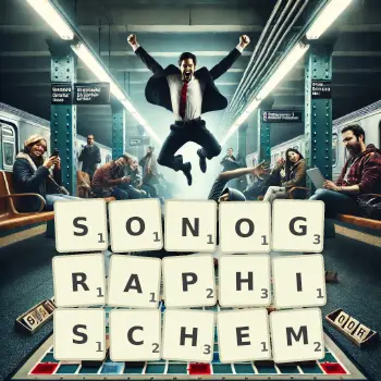 Kreative Illustration für ein Scrabble-Spiel, bei dem das Wort SONOGRAPHISCHEM mit Steinen auf dem Brett gelegt wurde.