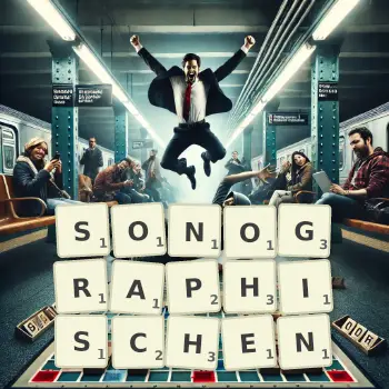 Kreative Illustration für ein Scrabble-Spiel, bei dem das Wort SONOGRAPHISCHEN mit Steinen auf dem Brett gelegt wurde.