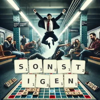 Kreative Illustration für ein Scrabble-Spiel, bei dem das Wort SONSTIGEN mit Steinen auf dem Brett gelegt wurde.