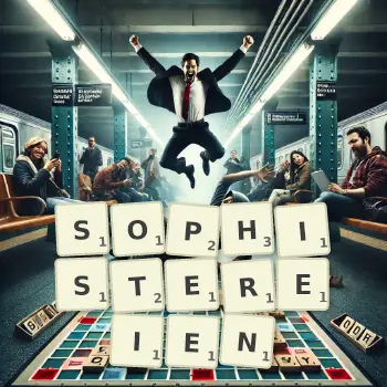 Kreative Illustration für ein Scrabble-Spiel, bei dem das Wort SOPHISTEREIEN mit Steinen auf dem Brett gelegt wurde.
